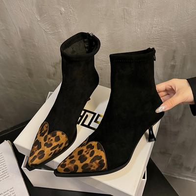 Mode Damen Stiletto Baumwollstiefel Winter Neu Spitz Wildleder mit Baumwolle Spleißung Reißverschluss hinten Rutschfest Kurze Stiefel