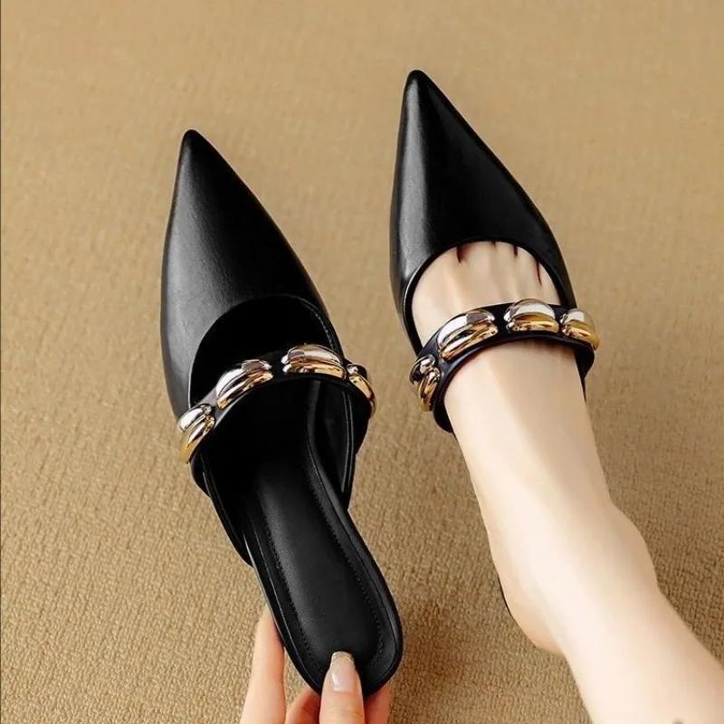 Baotou Semi-drag Women's New Summer Pointed Toe Shallow Mouth Metal Buckle One-band Non-slip Mid-heel Sandals and Slippers
