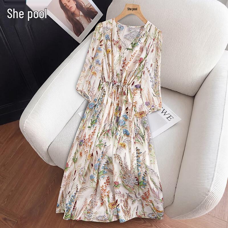 Romantic French Pastoral Print V-Neck A-Line Dress XL