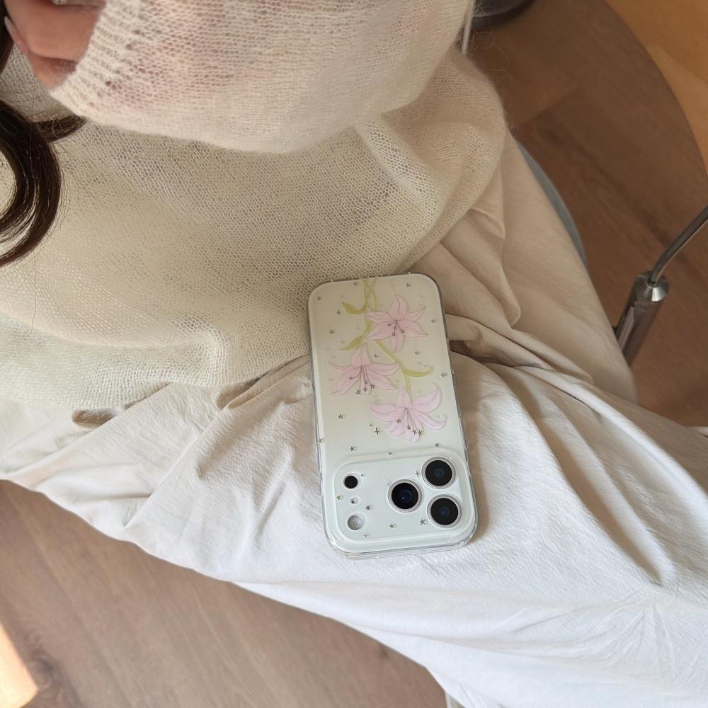 Korean Style Ins Cute Soft Crystal Lily Flower Phone Case for iPhone 17ProMax 15 16Pro 14 Full Coverage Double Layer High Value