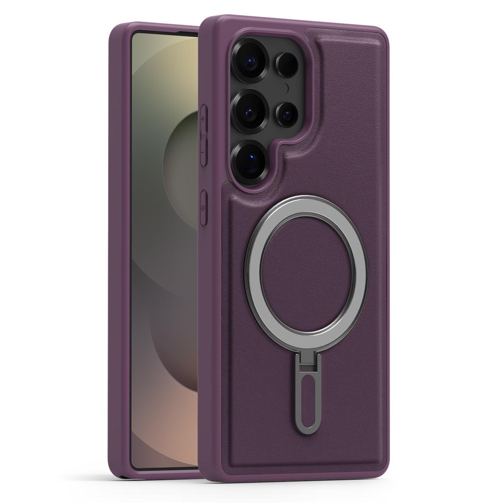 Magsafe Magnetic Metal Car Bracket Ring Luxury Matte Leather Phone Case For Samsung S22 S23 S24 S25 Ultra S24 Plus S25 FE Back Cover