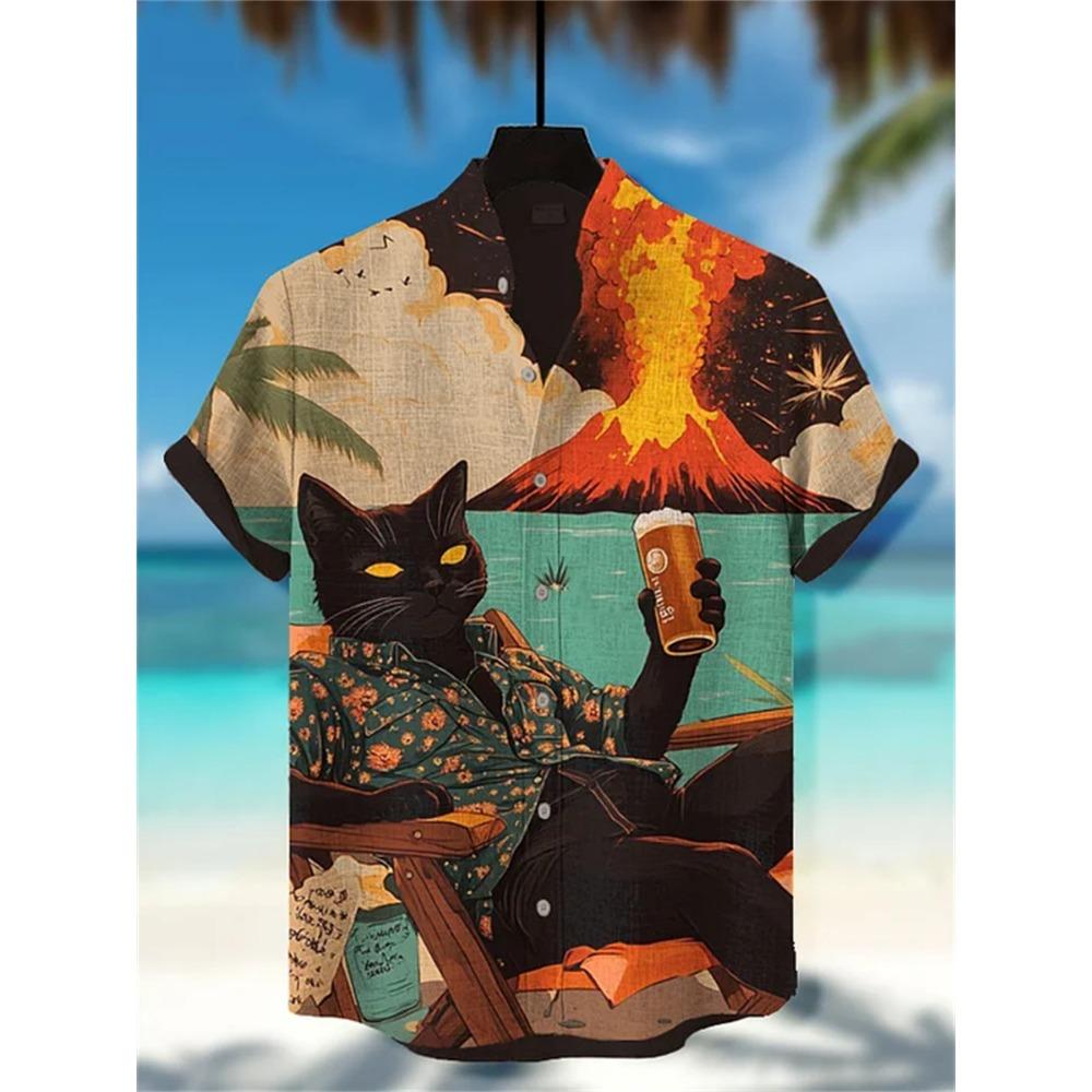 Men's Street Style Short-sleeved Shirt, Quirky Black Cat and Shark Print Casual Men's Top, Trendy and Fashionable Hawaiian Shirt