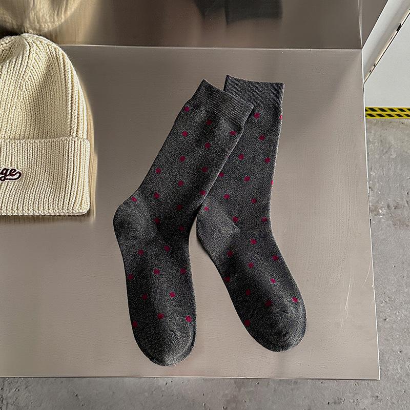 Ankela Red Socks Women's Mid-calf Wine Red Autumn and Spring Collection Red Pile Socks Polka Dot Angola Red