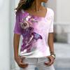 Fashion Women's Asymmetric V-neck T-shirt Spring and Summer Ladies 3D Short-sleeved Top