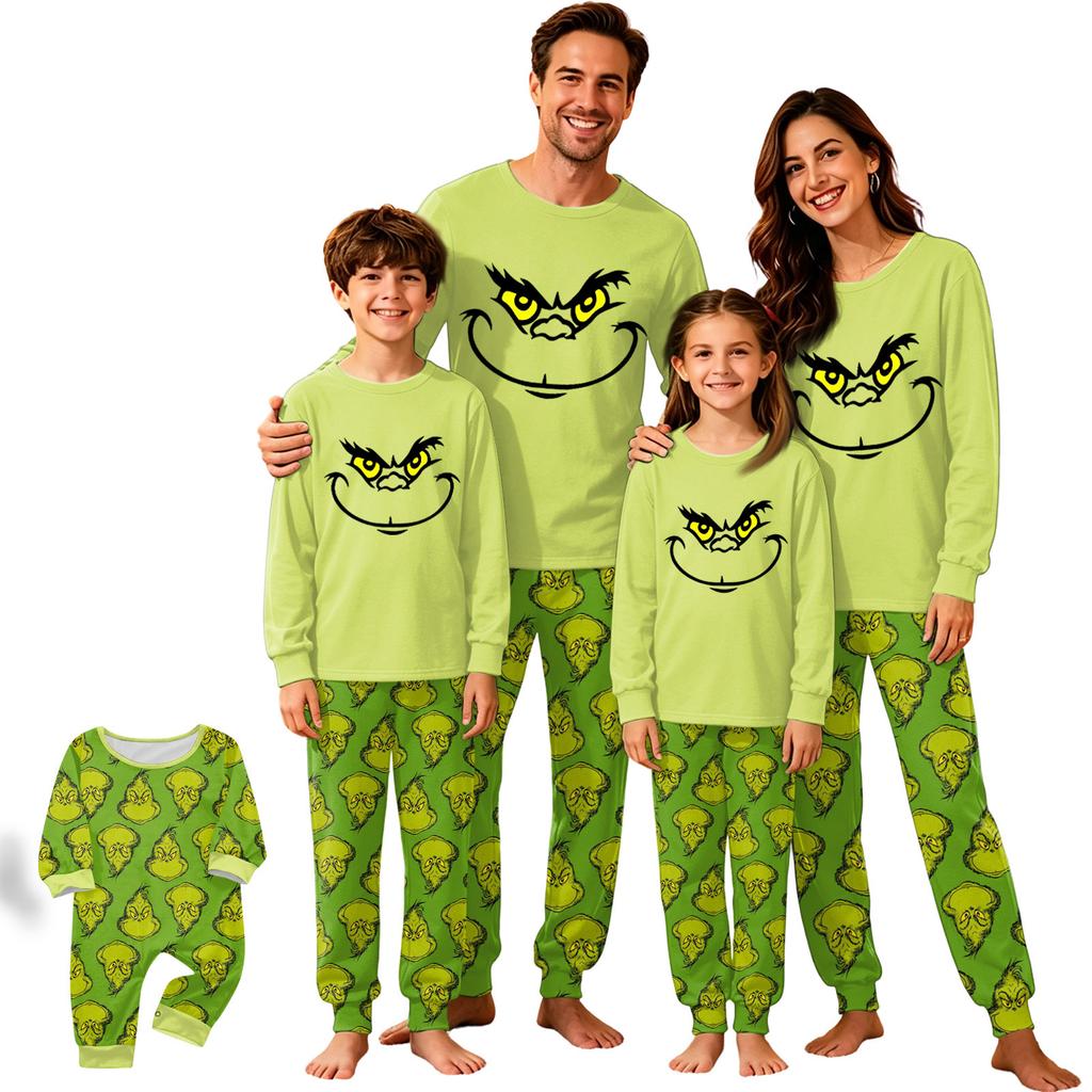 Christmas Print Matching Family Pajama Set Long Sleeve Neck Top and Pants for Parents and Kids