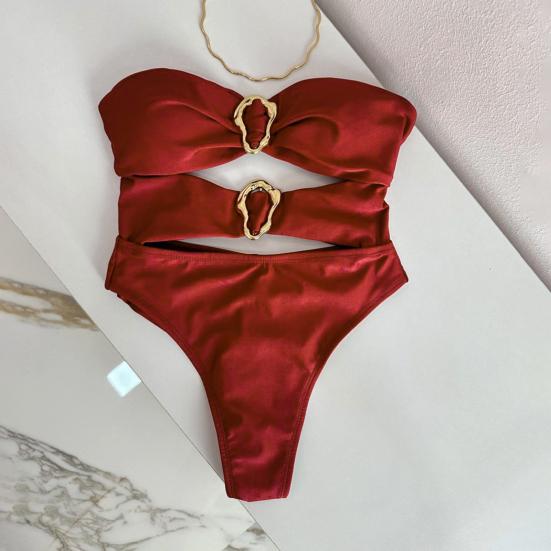 Sexy Monokini Off Shoulder Bandeau Hollow Design Solid Color One-piece Swimsuit with Irregular Metal Rings Vacation Wear