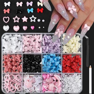 12/15 Fächer/Box Gemischte Harz Schleifenknoten Nagelanhänger 3D Bunte Schleife Nagelkunst Dekorationen DIY Maniküre Teile Mit Werkzeugen