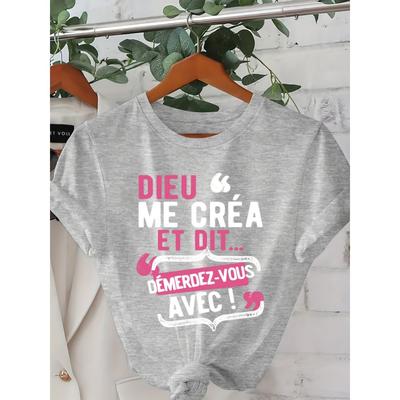 Women'S Casual Crew Neck T-Shirt with French Quote "Dieu Me C'est Mon Saint" - Playful Letter Print Short Sleeve Top for Spring