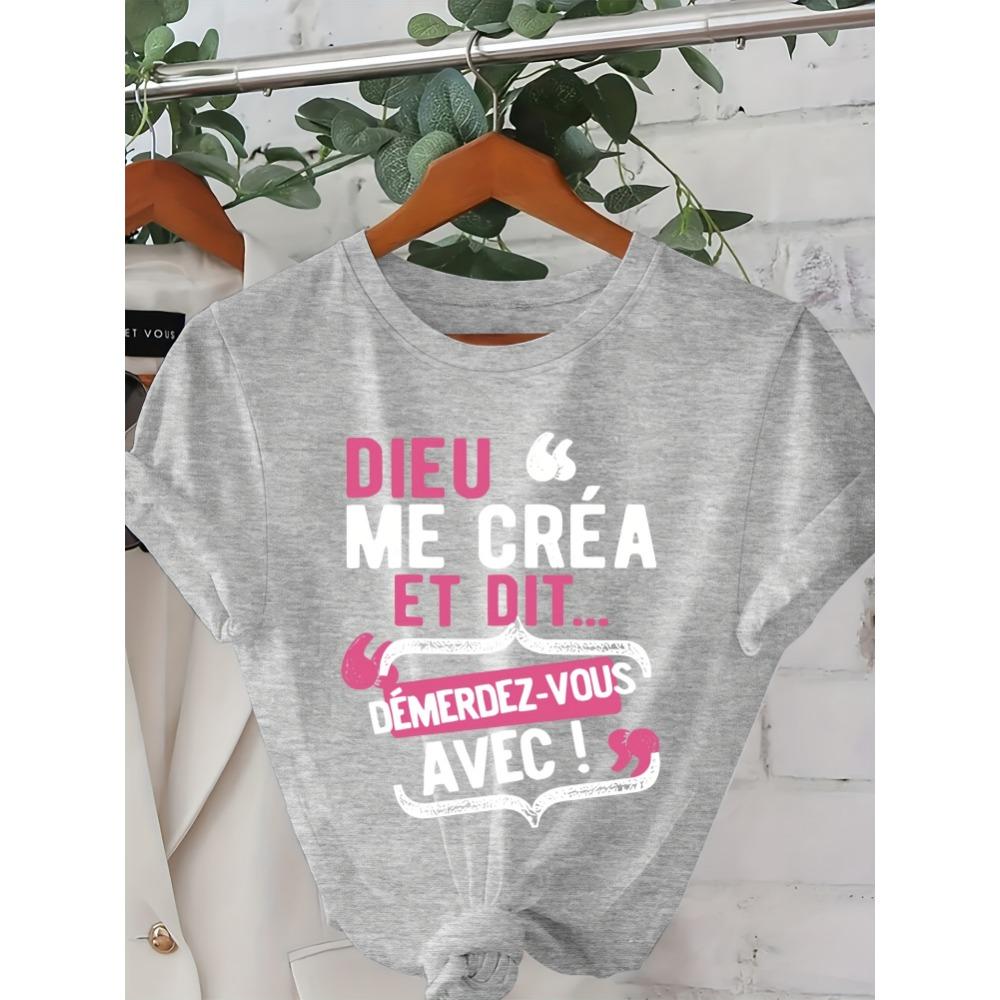 Women S Casual Crew Neck T-Shirt with French Quote Dieu Me C est Mon Saint - Playful Letter Print Short Sleeve Top for Spring M