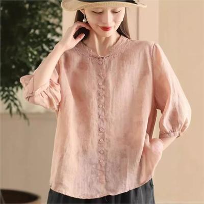 Women Chinese Style Embroidery Floral Shirts Tops Solid Color Button Blouses Summer Stand Shirts