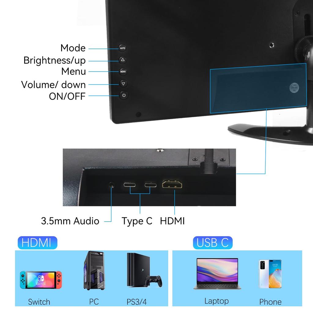 Showscren mobilní monitor 14palcový dotykový monitor 1920x1080P HDR malý monitor s kompatibilním HDMI/USB-C vestavěným reproduktorem, PC/notebook/mobil