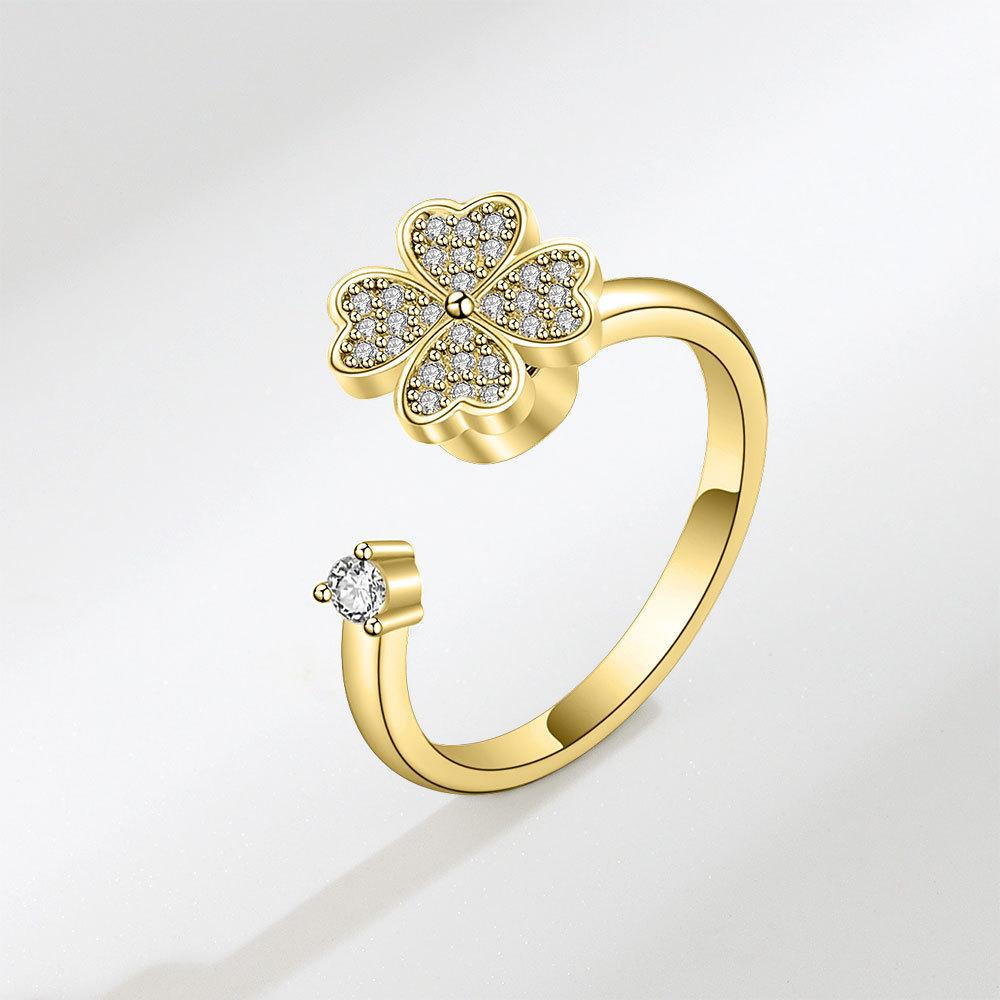 Four Leaf Clover Adjustable Ring Jewelry With Platinum Or Gold Finish For Women