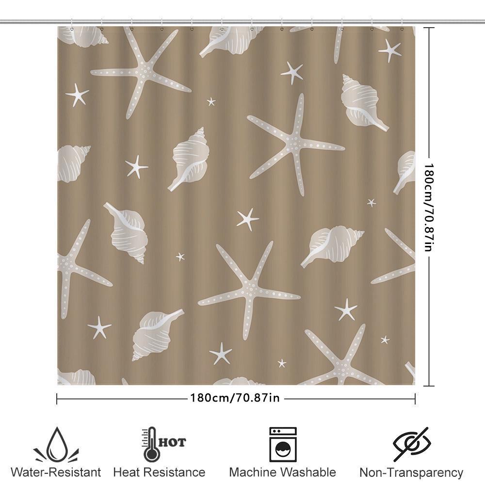 Beach-themed Shower Curtain with White Sea Starfish and Shells for Bathroom Decor In Brown Color (set of 1) Item #XXXXX