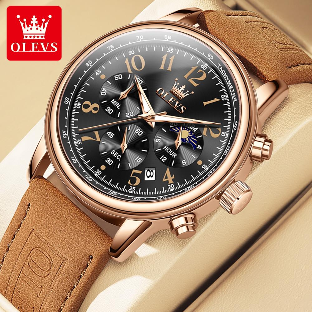 OLEVS Quartz Watch for Men Moon Phase Chronograph Auto Date Fashion Casual Suede Leather Strap Original Waterproof Watches