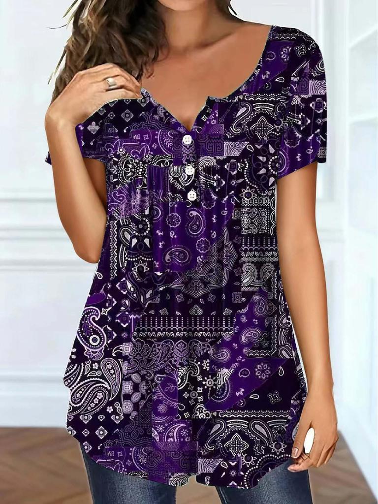 Elegant Paisley V-Neck Plus Size Top for Women - Spring/Summer