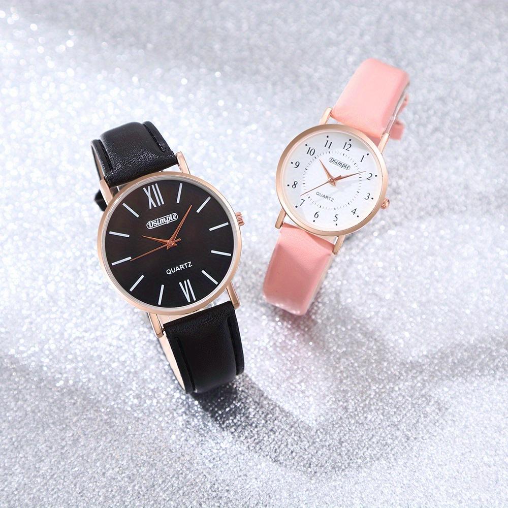 2pcs/set Couple Elegant Watch Set Black and White Dial PU Leather Strap Rose Golden Case Simple Watch | Couple Watches | Gifts