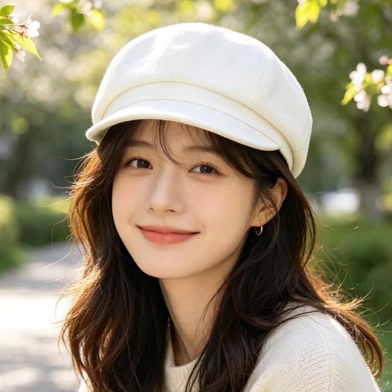 Autumn and Winter Retro Octagonal Hat Female British Newsboy Hat Showing Face Small Painter Hat Solid Color Versatile Short Brim Beret Cap