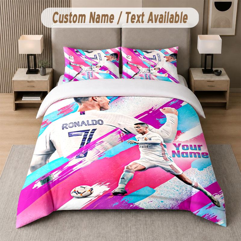Set Biancheria da Letto Personalizzato Modello Cristiano Ronaldo, Stampa Nome Testo 1 Copripiumino più 2 Federe Tessile per la Casa