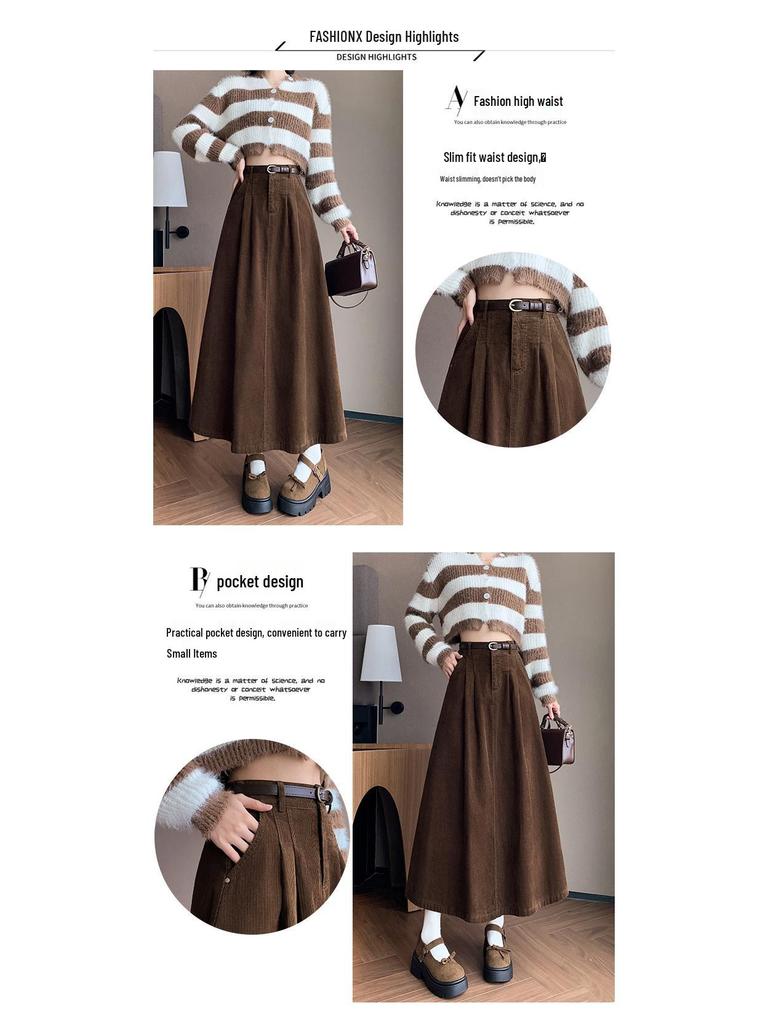 Women's High Waist Corduroy Midi Skirt - 2025 Autumn Winter Korean Style, Large Flare Pleated Design