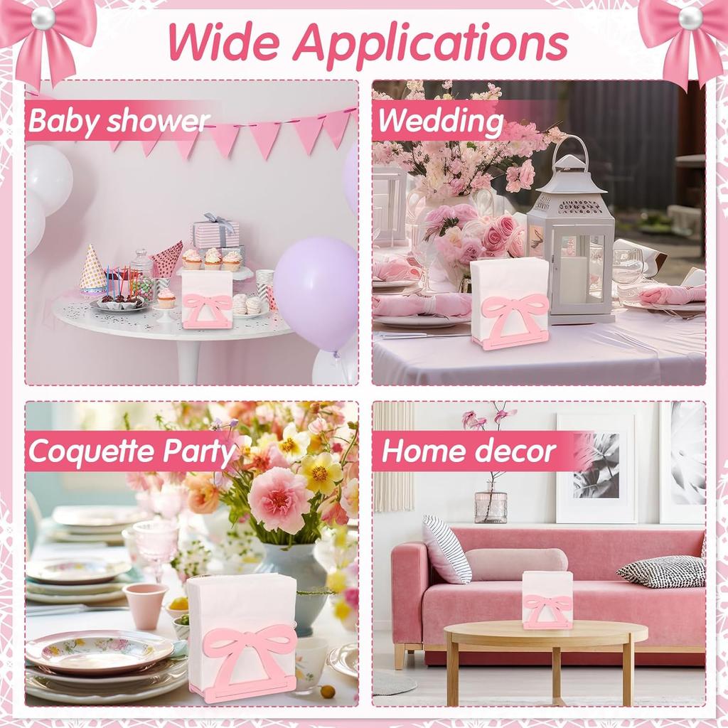 Honeydak Pink Bow Nakpin Holder for Table Coquette Bow Wooden Tissue Dispenser Cocktail Napkin Holder Paper Dispenser for Bachelorette Bridal Wedding