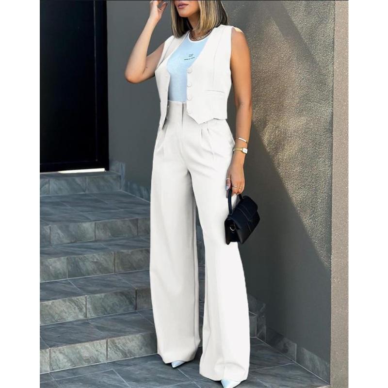Women 2 Piece Suit Sleeveless Button Vest High Waist Wide Leg Pants Office Casual Outfit