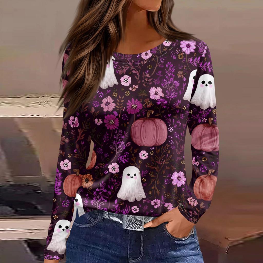 Women's Fashion Hem Slit Casual Halloween Printed Round Neck Long Sleeve Top