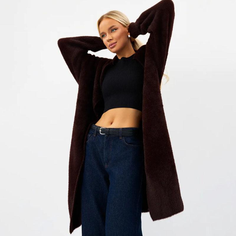 Women's Long Knitted Cardigan Jacket Autumn Winter Loose Faux Mink Fleece Knit Sweater Coat Solid Fleece Open Front Cardigan Coat