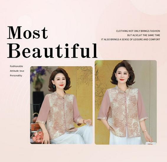 Elegant Chinese Style Summer Shirt for Middle-Aged Women - Printed Stand Collar T-Shirt