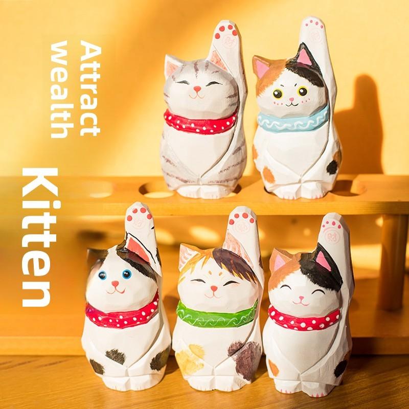 Wooden Lucky Cat Figurine Home Decor Gift For Office And Living Room