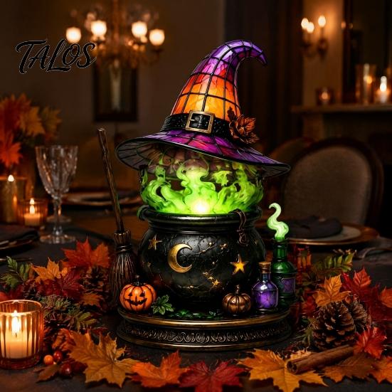 Spooky Desk Lamp Gothic Witch Hat Night Light, Warm Glow Acrylic Halloween Decorative Lamp, Vintage Holiday Party Display Home Decor for Mantel Shelf