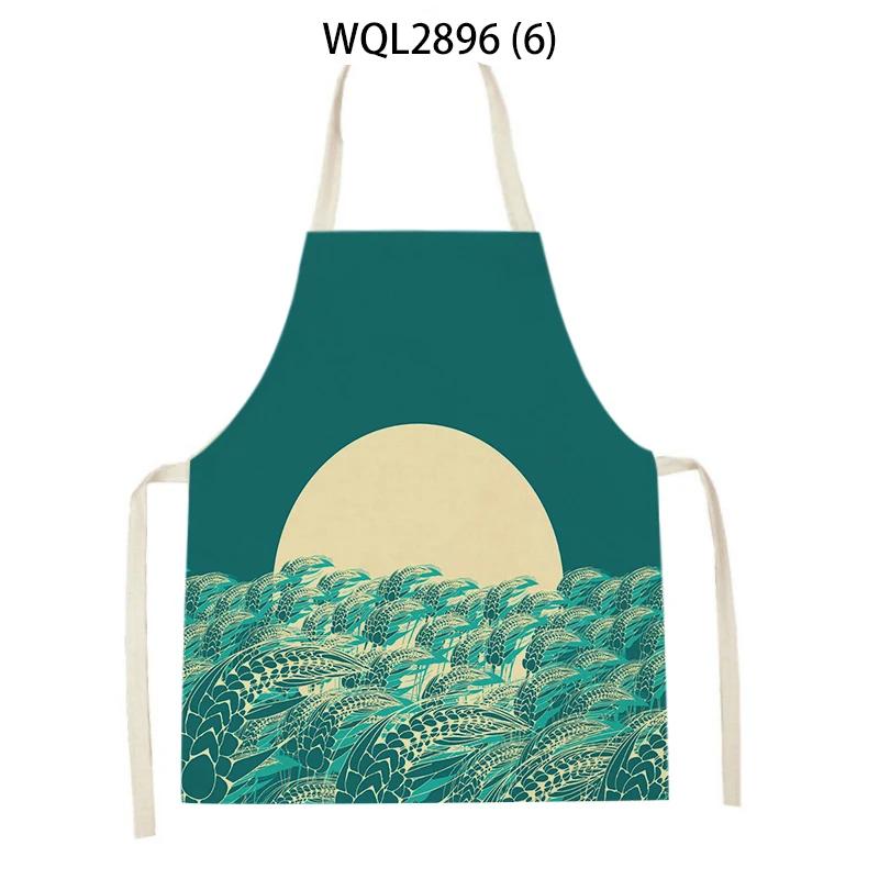 Plants Printed Kitchen Aprons Men Women Cooking Cleaning Aprons Wheat Flowers Pattern Linen Waist Apron Baking Accessories