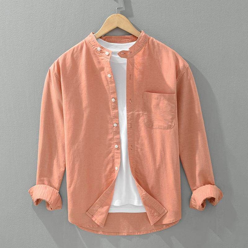 Japanese-Style Casual Cotton-Linen Stand-Collar Long-Sleeve Shirt for Men, Loose and Breathable Linen Top for Spring and Autumn