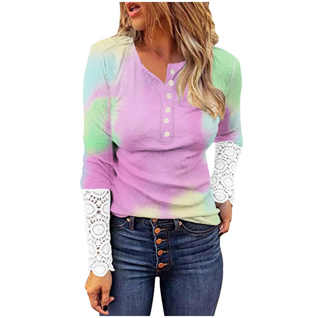 Womens Fashion Lace Long Sleeve Hole Strip Slim Round Neck Button Print Pullover Women's T-Shirt