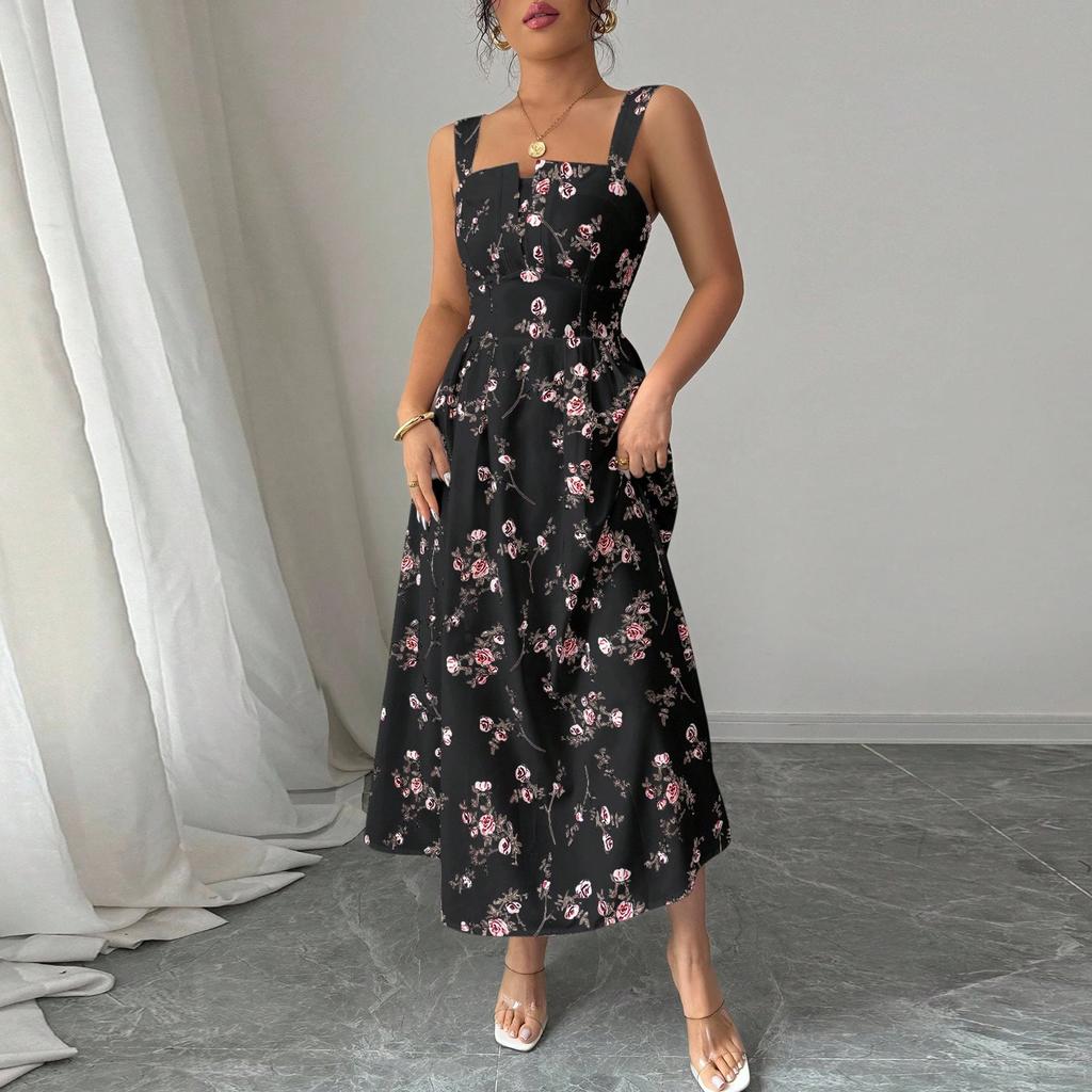 Women Sleeveless Square Neck Floral Print Maxi Dress Casual Loose Fit Long Sundress Lightweight Summer Wear