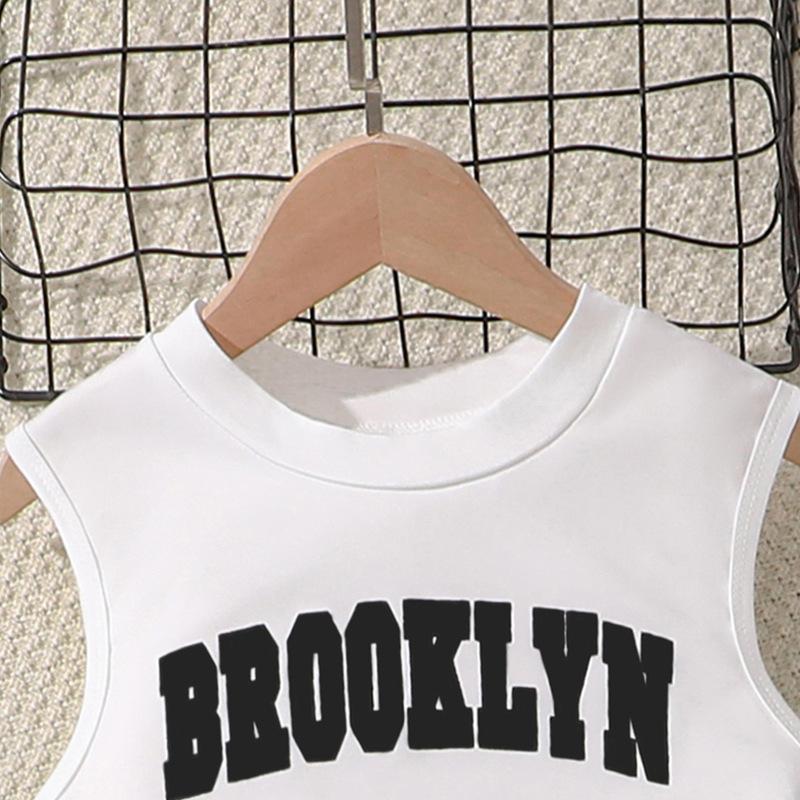 New Girls' Summer Sleeveless Letter Print T-Shirt + American Style Cargo Pants 2-Piece Sets