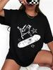 Women 100% Cotton Short Sleeve Graphic Tee, Cat On Skateboard Star Print Streetwear Summer Casual Tops Multi‑Colors