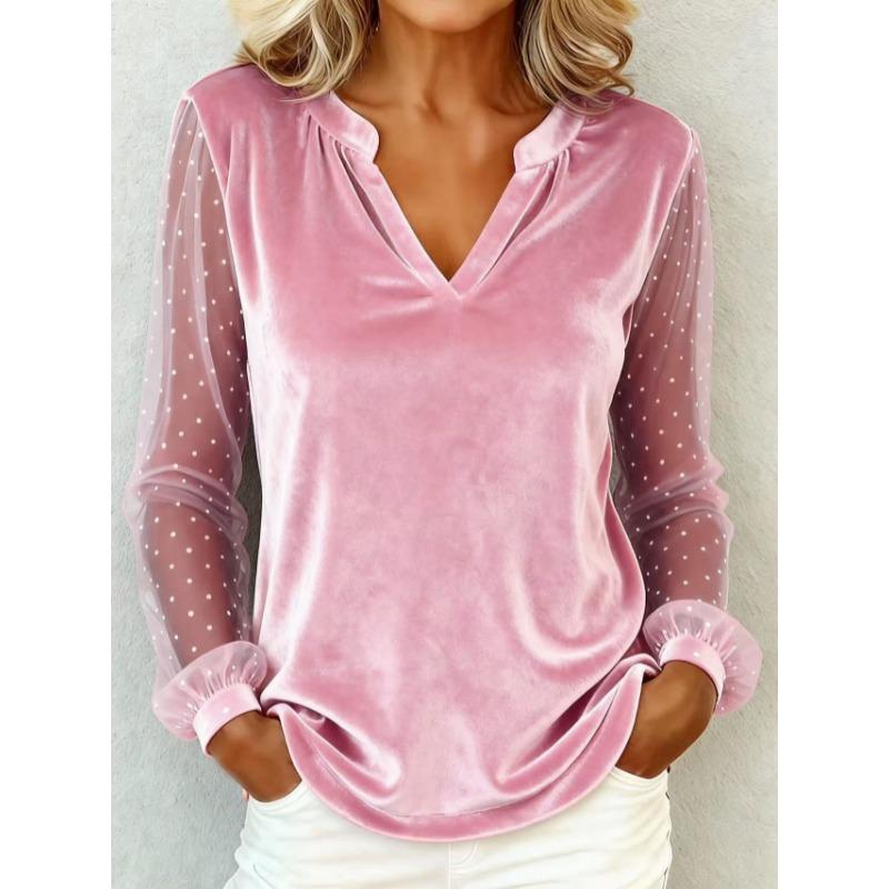 Elegant V-neck Mesh Lace Splicing Blouse Women Long Sleeved Velvet Dot Printed Loose Shirts Spring Autumn Office Tops Casual Simple T-shirts Clothing
