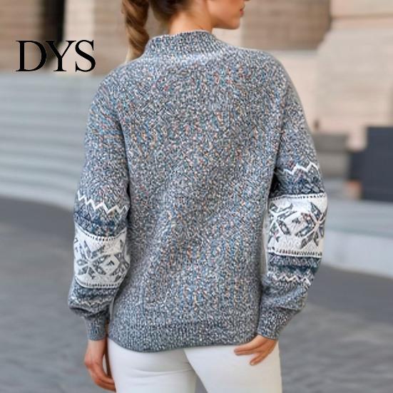 Loose Knitted Pullover Winter Women Christmas Sweater Half-high Collar Color Matching Snowflake Pattern Geometric Print Long Sleeve Knitwear