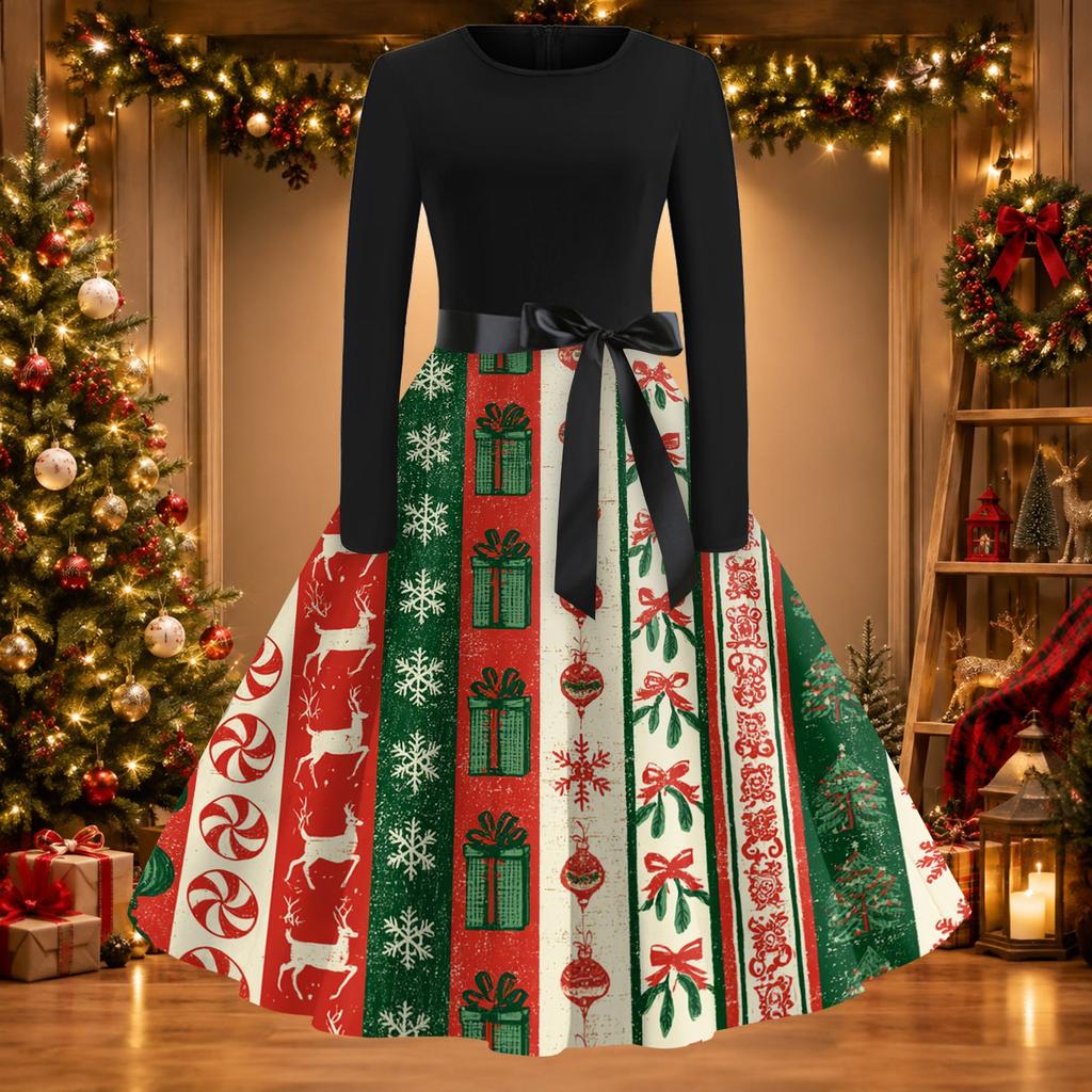 Women's Casual Fashion Christmas Print Round Neck Vintage Dress for Holiday Parties