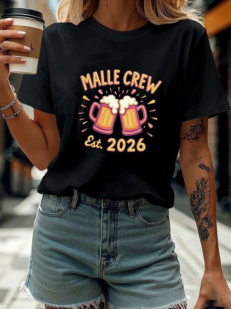 Women's Mallorca Squad 2026 Malle Beer Themed T-Shirt - Short Sleeve Round Neck Casual Top with Beer