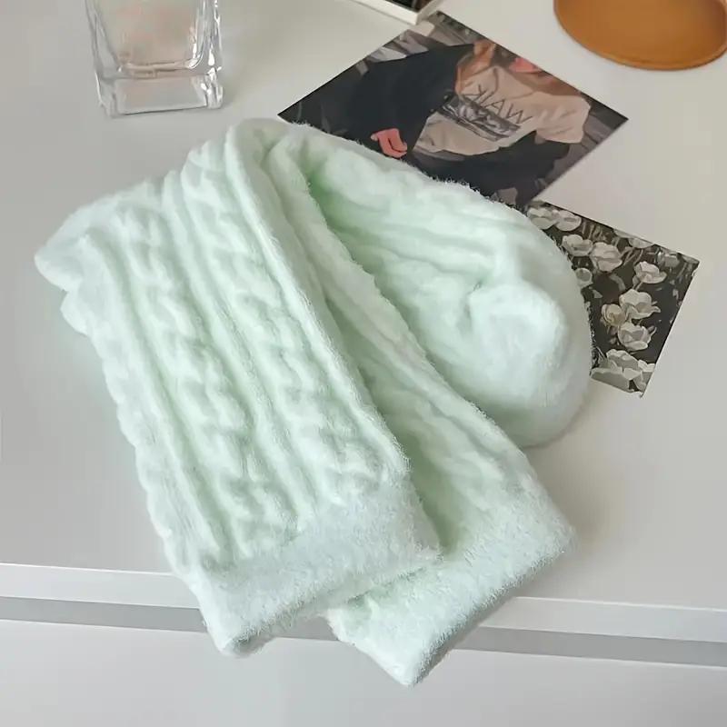 1 Pair Women's Cozy Fuzzy Socks- Winter Warm Plush Mid-Calf Length Twisted Pattern Knit Fabric Socks