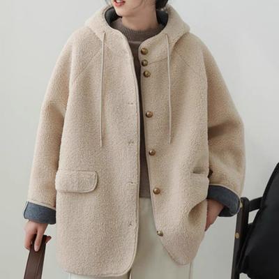 Women Loose Hooded Lamb Wool Jackets Casual Single Breasted Thick Coats Winter Warm Long Sleeve Granular Velvet Overcoat