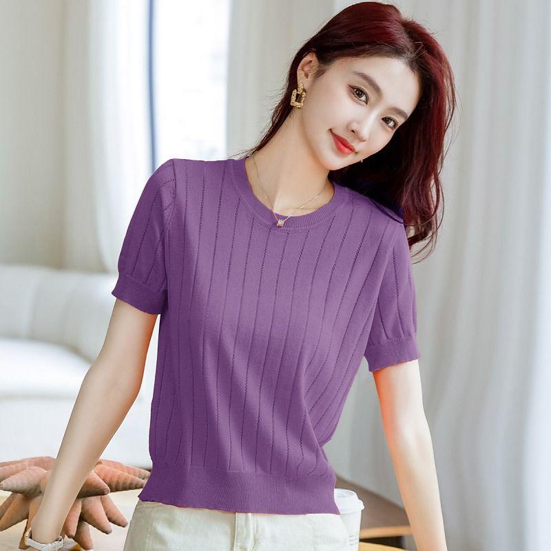 Women's Ribbed Knit Crew Neck Puff Sleeve Casual Slim T Shirt