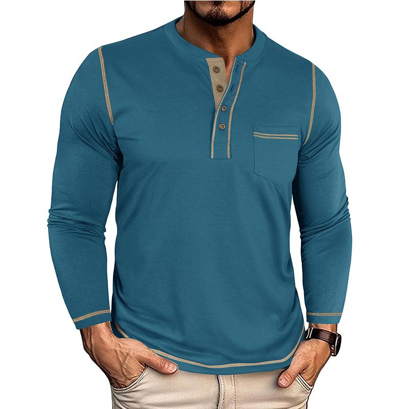 Men Vintage Contrast Color Crew Neck Long Sleeve Pocket Casual Henley T Shirt