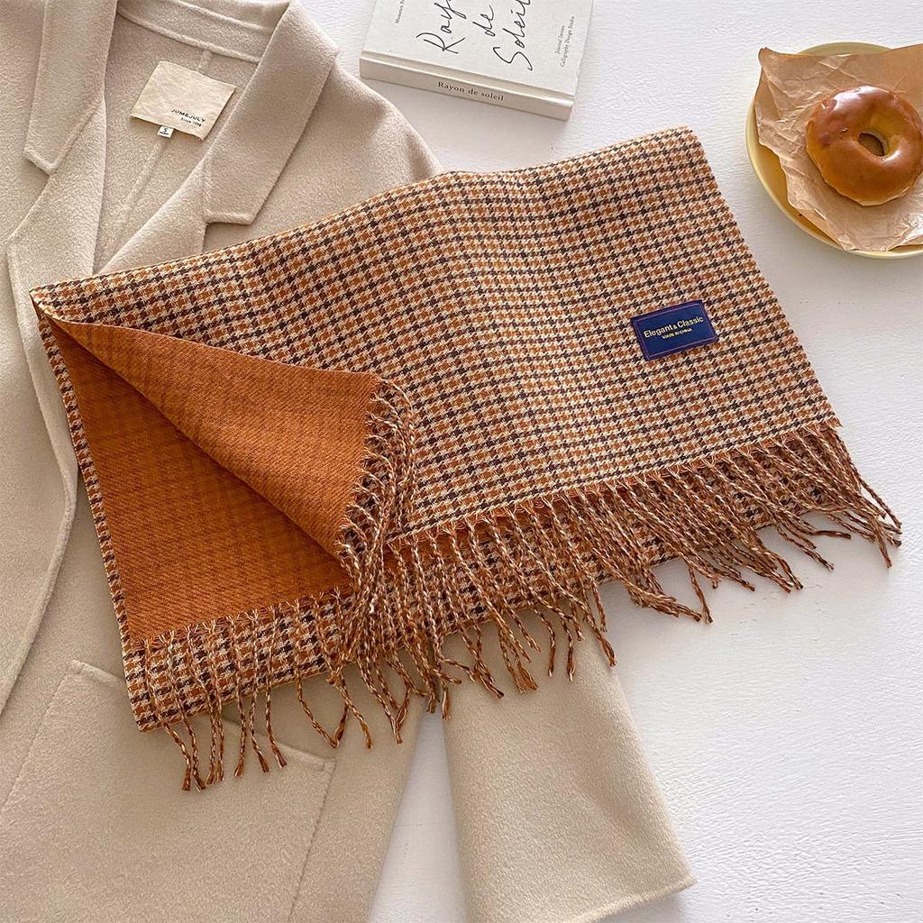 New Retro Small Plaid Fringed Scarf Women's Autumn Thousand Bird Grid Fashionable Versatile Thickened Warm Scarf