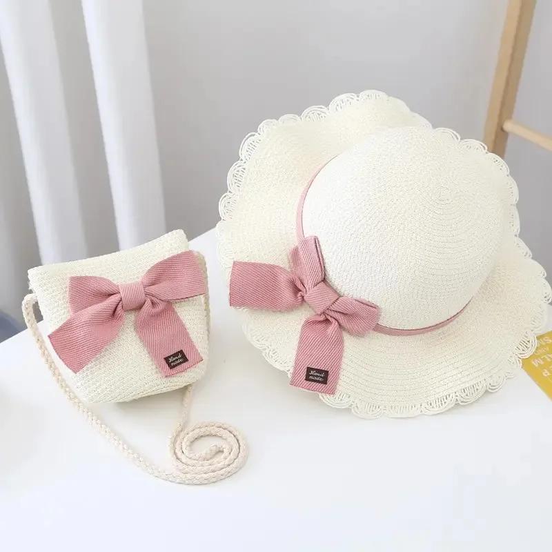 

2 Pcs Children Straw Hat and Shoulder Bag Set Girls Summer Outdoor Beach Cap Cute Bow Travel Beach Sun Hat Bag белый