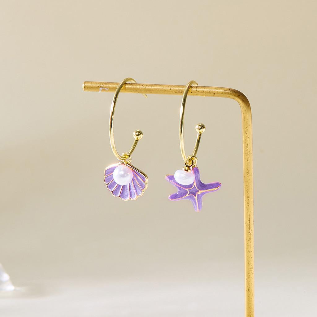 Fresh Style Shell Pearl Earrings For Women With Asymmetric Design And Electroplated Alloy