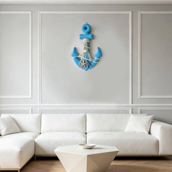 13" Nautical Wooden Wall Art with Hemp Rope Coastal Beach Theme Wall Hanging Ornament with Shells Starfishes for Home Bathroom Living Room Bedroom