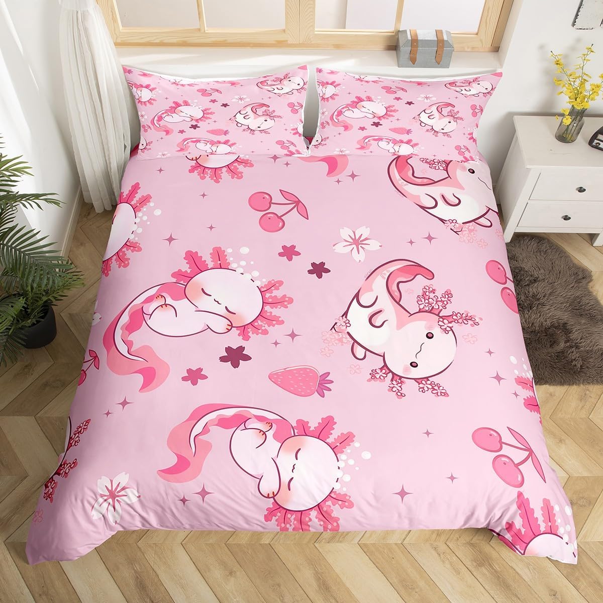 

Carton Axolotl Soft Duvet Cover Ful Quen Lovely Ocean Animal Beding Set for Children Kids Adult People Undersea Coral Seawed Plant Warm Comforter 100*200cm Single