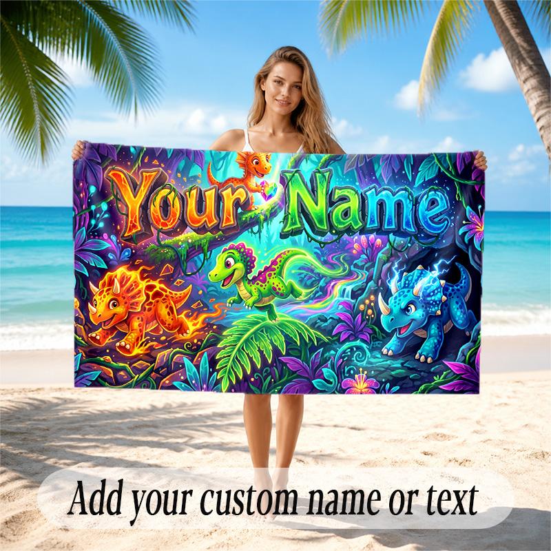Dinosaur Theme Quick Dry Beach Towel Custom Name Text Print Large Sand Resistant Towel Beach Vacation